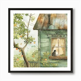 Let me in It's Raining - Black Cat at the Window of The Old Farmhouse Watercolor Art Print~ Americana Vintage Wholesome Art Decor | Dreamy Idyllic Art Print