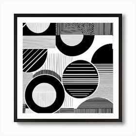 Retro Inspired Linocut Abstract Shapes Black And White Colors art, 219 Art Print