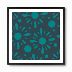 Green Suns On Dark Blue Pattern Square Art Print