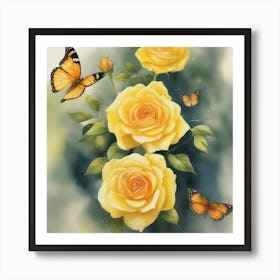 Yellow Roses With Butterflies Art Print