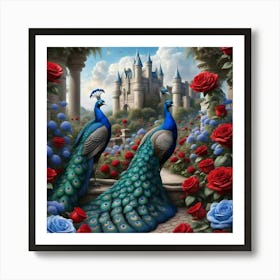 Peacocks And Roses 2 Art Print