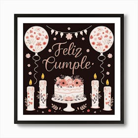 Feliz cumple and Feliz cumpleaños sign means Happy Birthday in Spanish language, Birthday party celebration gift with birthday cake candle colorful balloons best congratulation over light background wall artFeliz Cumple 23 Art Print