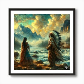 Oil Texture Native American Couple By Stream 2 Copy Art Print