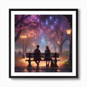 Couple Sitting On Bench At Night Art Print