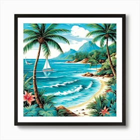 Beach Scene With Palm Trees Art Print