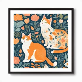 Orange Cats In Floral Pattern Art Print
