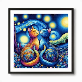 Starry Night Cats In Love Art Print