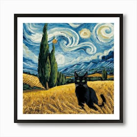 A Wheatfield With Cypresses Inspired With Black Cat Portrait 3 Art Print