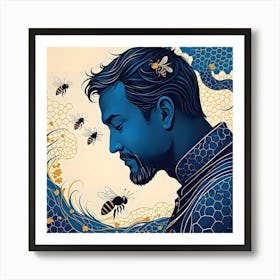 The Beekeeper, Blue, Yellow and Light Beige Art Print