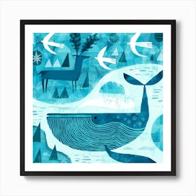 Whale, Deer And Birds Square Art Print
