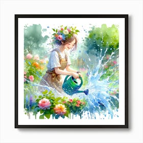 Watercolor Girl Watering Flowers Art Print