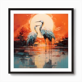 Gilded Horizons: Two Cranes in Impressionistic Dance Art Print