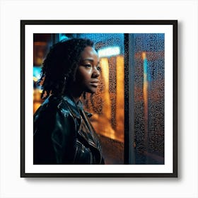 Firefly Street Photography, Beautiful Woman, Bus Shelter, Pensive, Evening, Wet, Rain, Glass, Neon L (10) Art Print