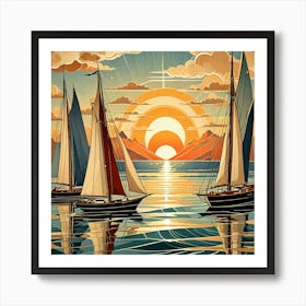 Sailboats At Sunset Art Print