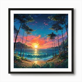 Majestic Sunset Over a Tranquil Beach Encircled by a Lush Forest Art Print