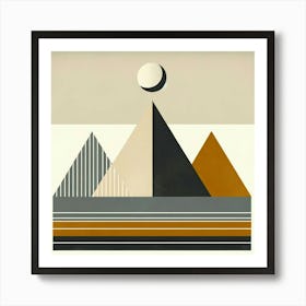 "Modern Abstract Geometric Landscape"  This contemporary artwork features an abstract geometric landscape with stylized pyramids and a minimalist sun, rendered in a soothing earth-toned color palette. Perfect for modern interior design lovers, this piece blends seamlessly with both home and office decors, providing a touch of elegance and tranquility. With its clean lines and bold shapes, it's an ideal choice for those seeking a modernist aesthetic in their art collection. Art Print