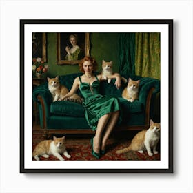 Decadent Young Woman After The Dance With Cats Green Art Print