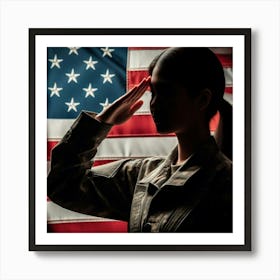 Silhouette Of A Soldier Saluting The Flag Art Print
