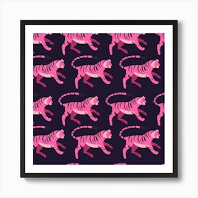 Pink Tiger Pattern On Dark Purple Square Art Print