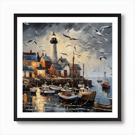 0 Oil Painting Of A Bustling Harbor Town, With Fishi Esrgan  Art Print