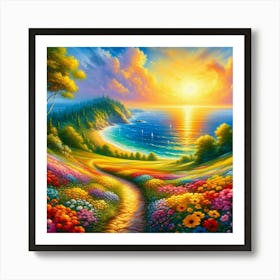 Sunset on a meadow with flowers and seascape Art Print