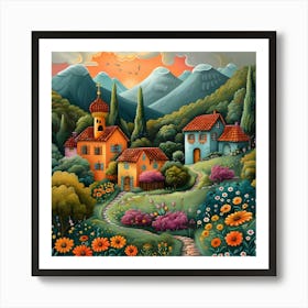 Village In The Mountains, Naive, Whimsical, Folk Art Print