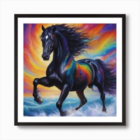 Black Horse With Rainbow In Sky Art Print