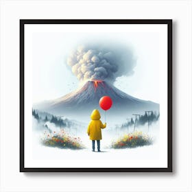 A boy standing with a balloon in front of smokey volcano Art Print