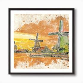 Watercolor Of Windmills Art Print