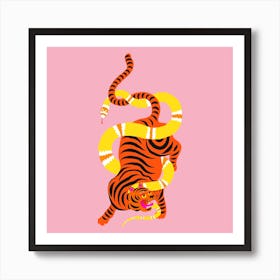 Tiger And Snake Battle Square Art Print