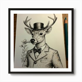 Deer In Top Hat 2 Art Print