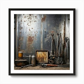 A Collection Of Vintage Industry Tools Scattered In The Foreground Features Highlighted By A Grungy 2 1 Art Print