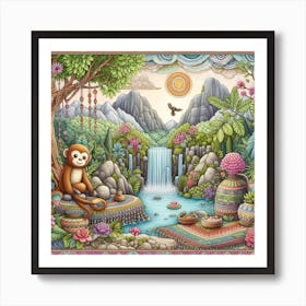 Monkey at the waterfall, Boho style 1 Art Print