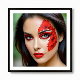 Beautiful Woman With Red Flower Makeup Art Print