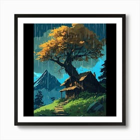 Tree House In The Rain Art Print