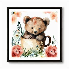 A Cute Bear Baby In Mug cute bear baby in mug ,flowers around, watercolor style Art Print