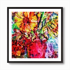 Sunflowers In A Red Vase Art Print