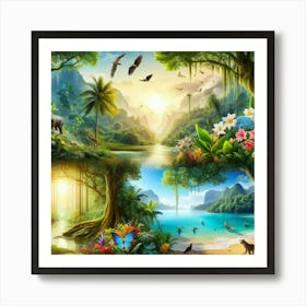 Jungle Landscape With Waterfall Art Print