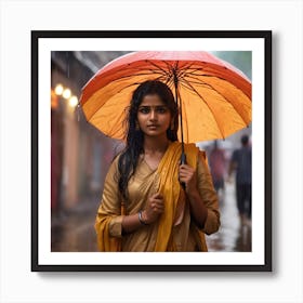 Indian Woman In Rainly weather Art Print