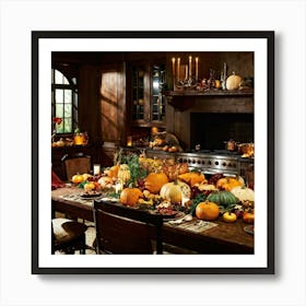 A Beautifully Prepared Thanksgiving Banquet Seated Under The Warm Glow Of Recessed Lighting In A Rus (1) Art Print