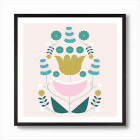 Mustard Pink And Green Retro Flower Composition 2 Art Print