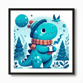 Dinosaur Blue Dinosaur With Hat And Scarf Canvas Print Art Print