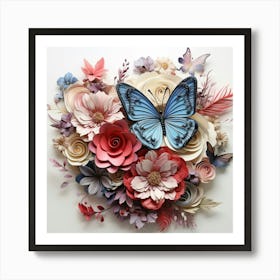 Paper Flowers With Blue Butterfly Art Print