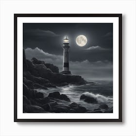 A Picturesque Lighthouse Standing Tall On A Rocky Coastline, Guiding Ships At Night 3 Art Print