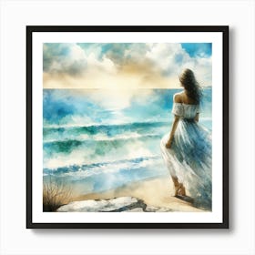 Watercolor Of A Woman On The Beach Art Print