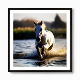 White Horse Running In Water 7 Art Print