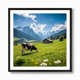 Alpine Meadow With A Cow Grazing Spring Setting Blossoming Flowers Dotting The Lush Grass Warm Su (5) Art Print