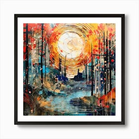 Hand Painted Elements Digital Prints And Textured Paper, Sunset In The Woods Art Print