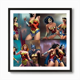 Wonder Woman And Cat Woman In Their Underwear Watched By The Joker And Batman 1 Art Print