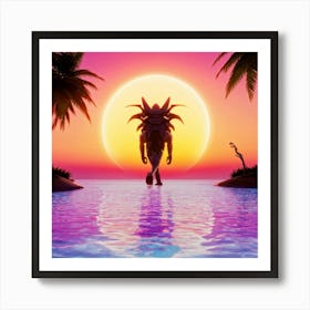 Futuristic Morphic Creature Basks In The Glow Of A Tropical Sunrise Silhouette Outlined Against The Art Print